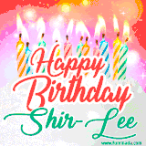 Bright birthday candles with rainbow flames on a cake, alongside the text 'Happy Birthday Shir-Lee' in vibrant script in this celebratory animated GIF.