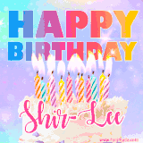A vibrant animated name GIF with the words 'Happy Birthday Shir-Lee' with colorful candles on a creamy cake. The background sparkles with pastel shades, adding a festive touch.