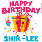 A vibrant and funny gift box character with a happy face dancing with a cupcake and the text 'Happy Birthday Shir-Lee,' surrounded by animated confetti and party vibes.