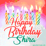 Bright birthday candles with rainbow flames on a cake, alongside the text 'Happy Birthday Shira' in vibrant script in this celebratory animated GIF.