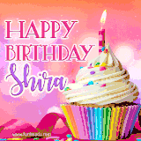 A vibrant birthday GIF featuring a rainbow-colored cupcake topped with white frosting, sprinkles, and a lit candle. The text reads 'Happy Birthday Shira' in bold pink and violet letters with white outline.