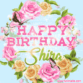 A charming animated GIF featuring 'Happy Birthday Shira' in pink and green text, surrounded by delicate roses, leaves, and fluttering butterflies on a soft light blue pastel background.