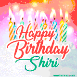 Bright birthday candles with rainbow flames on a cake, alongside the text 'Happy Birthday Shiri' in vibrant script in this celebratory animated GIF.