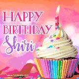 A vibrant birthday GIF featuring a rainbow-colored cupcake topped with white frosting, sprinkles, and a lit candle. The text reads 'Happy Birthday Shiri' in bold pink and violet letters with white outline.