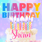 A vibrant animated name GIF with the words 'Happy Birthday Shirin' with colorful candles on a creamy cake. The background sparkles with pastel shades, adding a festive touch.