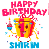 A vibrant and funny gift box character with a happy face dancing with a cupcake and the text 'Happy Birthday Shirin,' surrounded by animated confetti and party vibes.
