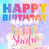 A vibrant animated name GIF with the words 'Happy Birthday Shirlee' with colorful candles on a creamy cake. The background sparkles with pastel shades, adding a festive touch.