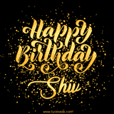 Animated GIF with colorful, festive 'Happy Birthday Shiv' text decorated with patterns, a party hat, and falling confetti. A vibrant and cheerful design for birthday celebrations.