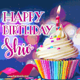 A festive animated GIF featuring a colorful cupcake with a single lit candle, sprinkles, and 'Happy Birthday Shiv' text against a sparkling, celebratory background.