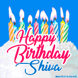 A cheerful animated GIF featuring colorful lit birthday candles on a white cake, with the text 'Happy Birthday Shiva' in bold red and blue script on a bright blue background.