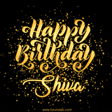 Animated GIF with colorful, festive 'Happy Birthday Shiva' text decorated with patterns, a party hat, and falling confetti. A vibrant and cheerful design for birthday celebrations.