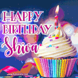 A festive animated GIF featuring a colorful cupcake with a single lit candle, sprinkles, and 'Happy Birthday Shiva' text against a sparkling, celebratory background.
