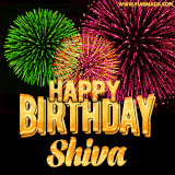 A captivating GIF with bursts of green, pink, and orange fireworks lighting up the night sky, accompanied by 'Happy Birthday Shiva' in glowing golden text.