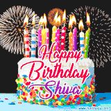 A lively happy birthday animated GIF showcasing a colorful birthday cake covered in sprinkles, topped with glowing candles, and surrounded by vibrant fireworks. The name 'Shiva' is featured in elegant script.