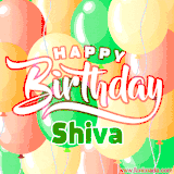 Animated GIF featuring colorful balloons in the background with the cheerful text 'Happy Birthday Shiva'.