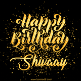 Animated GIF with colorful, festive 'Happy Birthday Shivaay' text decorated with patterns, a party hat, and falling confetti. A vibrant and cheerful design for birthday celebrations.