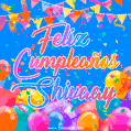 A vibrant animated GIF with 'Feliz Cumpleaños Shivaay' written in colorful script, surrounded by balloons, confetti, and bunting on a bright blue background.