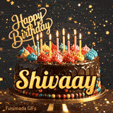 A customized birthday greeting card for Shivaay showing a chocolate frosted cake under falling gold dust.