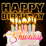 A vibrant animated GIF featuring a delicious birthday cake topped with glowing candles and the name 'Shivaay' in elegant script, and the words 'Happy Birthday' on the black background.