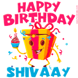 A funny animated birthday GIF with the words 'Happy Birthday Shivaaya', colorful gift box with arms and legs, holding a cupcake with a lit candle  with confetti everywhere.