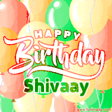 Animated GIF featuring colorful balloons in the background with the cheerful text 'Happy Birthday Shivaay'.