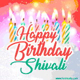 Bright birthday candles with rainbow flames on a cake, alongside the text 'Happy Birthday Shivali' in vibrant script in this celebratory animated GIF.