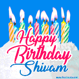 A cheerful animated GIF featuring colorful lit birthday candles on a white cake, with the text 'Happy Birthday Shivam' in bold red and blue script on a bright blue background.