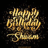 Animated GIF with colorful, festive 'Happy Birthday Shivam' text decorated with patterns, a party hat, and falling confetti. A vibrant and cheerful design for birthday celebrations.