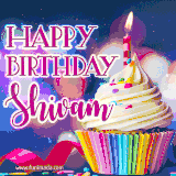 A festive animated GIF featuring a colorful cupcake with a single lit candle, sprinkles, and 'Happy Birthday Shivam' text against a sparkling, celebratory background.