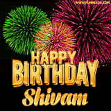 A captivating GIF with bursts of green, pink, and orange fireworks lighting up the night sky, accompanied by 'Happy Birthday Shivam' in glowing golden text.
