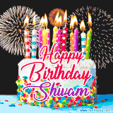 A lively happy birthday animated GIF showcasing a colorful birthday cake covered in sprinkles, topped with glowing candles, and surrounded by vibrant fireworks. The name 'Shivam' is featured in elegant script.