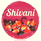 Beautifully decorated red velvet berry birthday cake with vibrant fruits and a glowing 'Shivani' name, adding a touch of sweetness and sparkle.