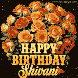 Animated bouquet of orange roses with moving butterfles and golden 'Happy Birthday Shivani' text, surrounded by sparkling accents and a dark backdrop for a luxurious feel.