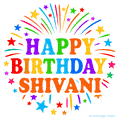 Happy Birthday Shivani' GIF with rainbow-colored letters, colorful stars, and fireworks on white background.
