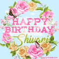 A charming animated GIF featuring 'Happy Birthday Shivani' in pink and green text, surrounded by delicate roses, leaves, and fluttering butterflies on a soft light blue pastel background.