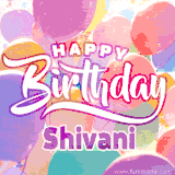 A vibrant name GIF featuring colorful balloons in shades of pink, orange, and yellow with the bold text 'Happy Birthday Shivani' in festive fonts, creating a lively birthday vibe.