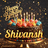Shimmering animated card featuring a detailed chocolate cake and the name Shivansh for his birthday celebration.