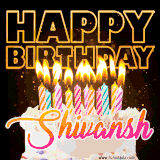 A vibrant animated GIF featuring a delicious birthday cake topped with glowing candles and the name 'Shivansh' in elegant script, and the words 'Happy Birthday' on the black background.