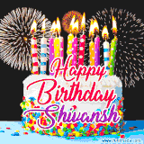 A lively happy birthday animated GIF showcasing a colorful birthday cake covered in sprinkles, topped with glowing candles, and surrounded by vibrant fireworks. The name 'Shivansh' is featured in elegant script.