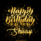 Animated GIF with colorful, festive 'Happy Birthday Shivay' text decorated with patterns, a party hat, and falling confetti. A vibrant and cheerful design for birthday celebrations.