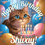 A playful tabby cat sits behind a colorful birthday cake surrounded by balloons and confetti, with 'Happy Birthday Shivay!' written above in festive letters.