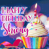 A festive animated GIF featuring a colorful cupcake with a single lit candle, sprinkles, and 'Happy Birthday Shivay' text against a sparkling, celebratory background.