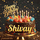 Golden star sprinkles and bokeh lights surrounding a rich chocolate cake personalized with Shivay's name.