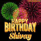 A captivating GIF with bursts of green, pink, and orange fireworks lighting up the night sky, accompanied by 'Happy Birthday Shivay' in glowing golden text.