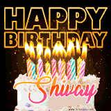 A vibrant animated GIF featuring a delicious birthday cake topped with glowing candles and the name 'Shivay' in elegant script, and the words 'Happy Birthday' on the black background.