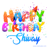 Animated GIF with colorful, festive 'Happy Birthday Shivay' text decorated with patterns, a party hat, and falling confetti. A vibrant and cheerful design for birthday celebrations.
