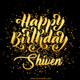 Animated GIF with colorful, festive 'Happy Birthday Shiven' text decorated with patterns, a party hat, and falling confetti. A vibrant and cheerful design for birthday celebrations.