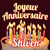 A Happy Birthday GIF in French featuring a festive birthday cake adorned with bright candles and the glowing text 'Joyeux Anniversaire Shiven' in a cheerful style.