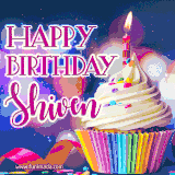 A festive animated GIF featuring a colorful cupcake with a single lit candle, sprinkles, and 'Happy Birthday Shiven' text against a sparkling, celebratory background.