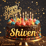 Cute chocolate cake GIF with the name Shiven, decorated with glowing birthday candles and multicolored icing.